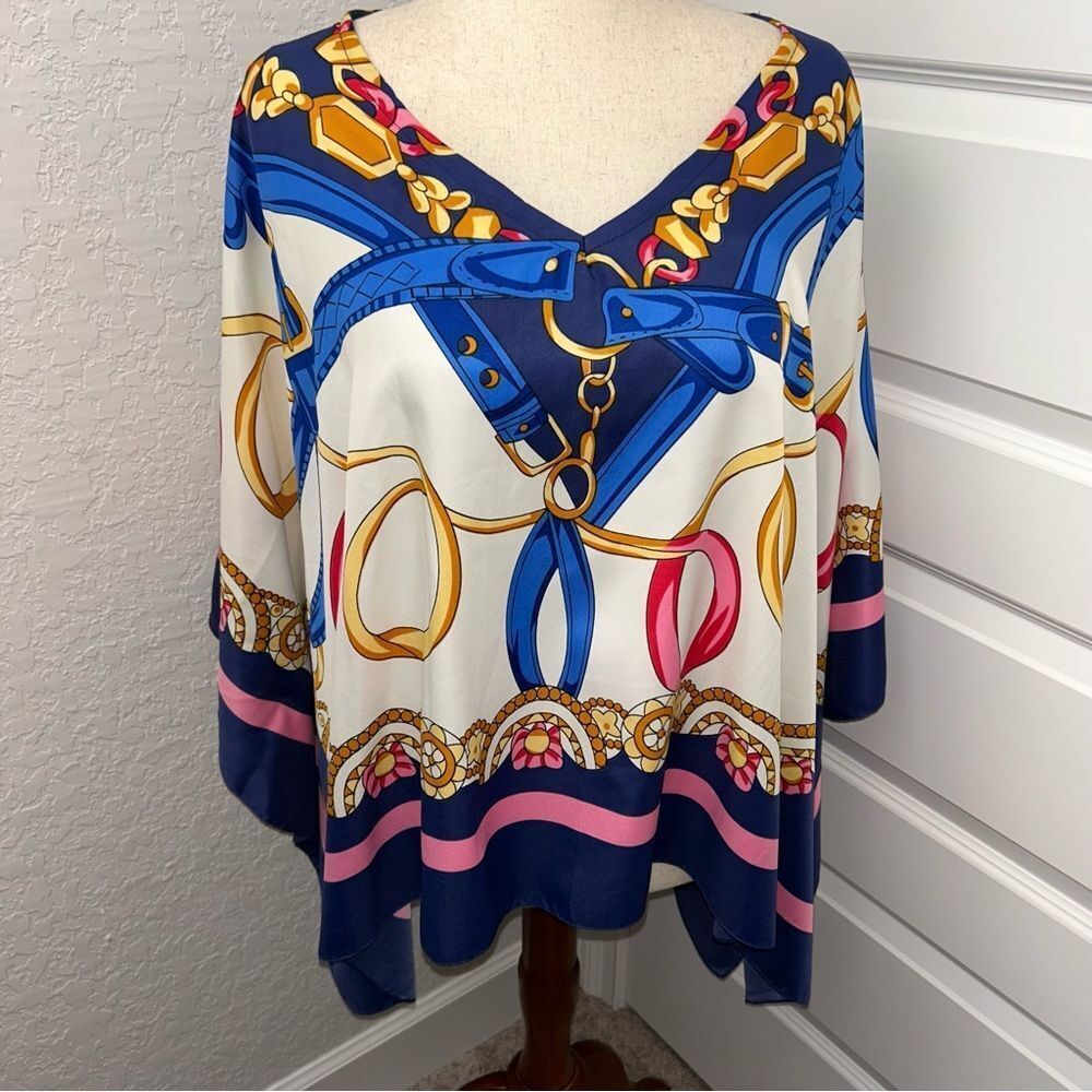 Stacy Bradley Design Equestrian Horse Bit Shawl Poncho Kimono Silk Statement Top